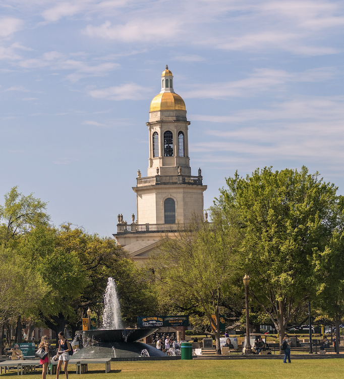 Photo of Pat Neff with Fountain Mall in the foreground. (Mayra Monroy)